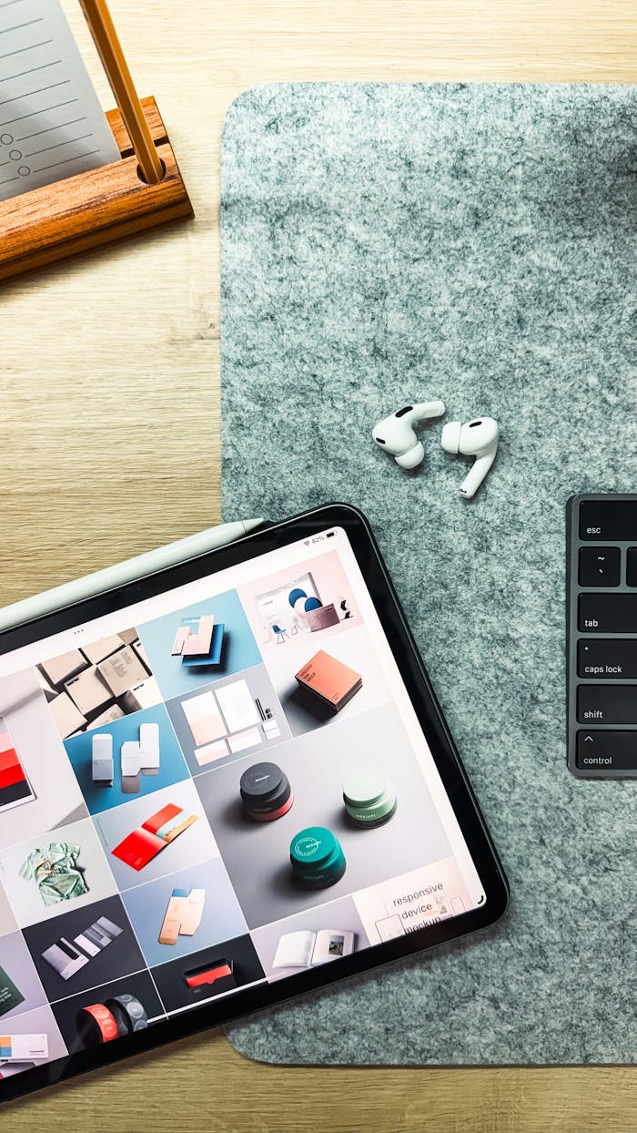 services-04 Flat lay of an iPad, AirPods Pro, and keyboard for a tech-savvy workspace setup.