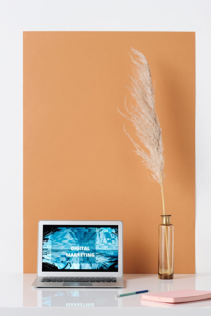 services-02 Stylish minimalist workspace with laptop showing digital marketing, vase with pampas grass, and copy space.
